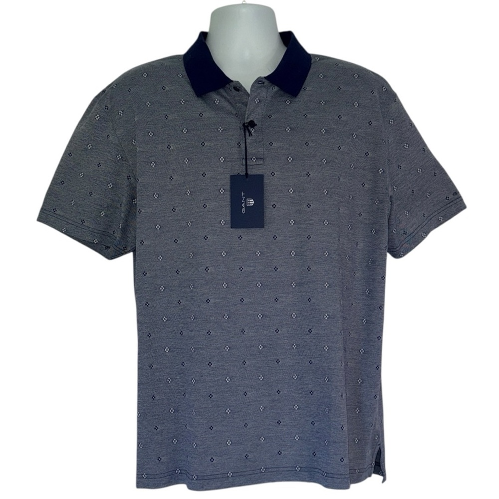 GANT 2XL Mercerized Cotton Polo Shirt Gray Navy Geometric Print Short Sleeve NWT